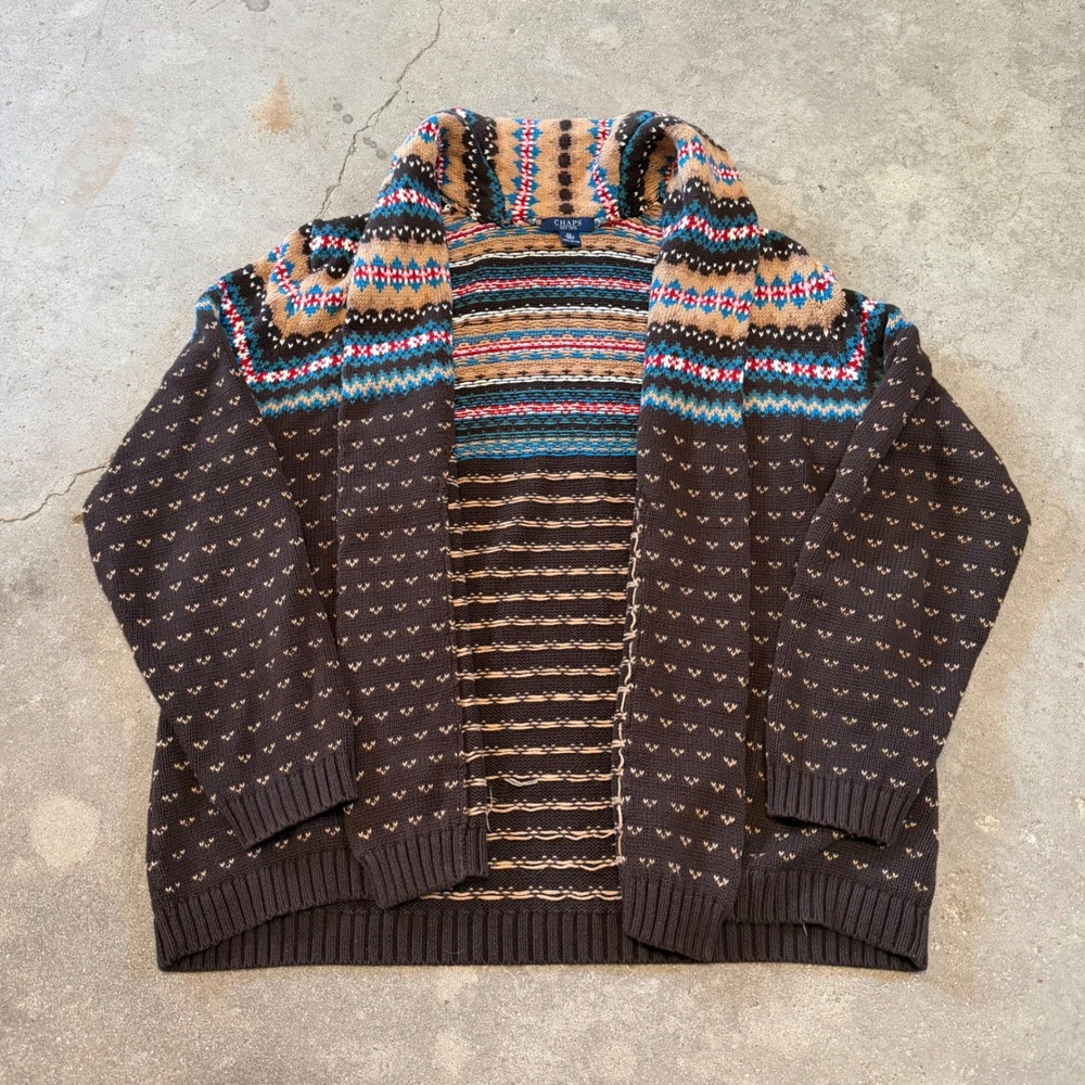 Chaps Cardigan Sweater Mens XL Brown Fair Isle Shawl Collar Cotton Knit